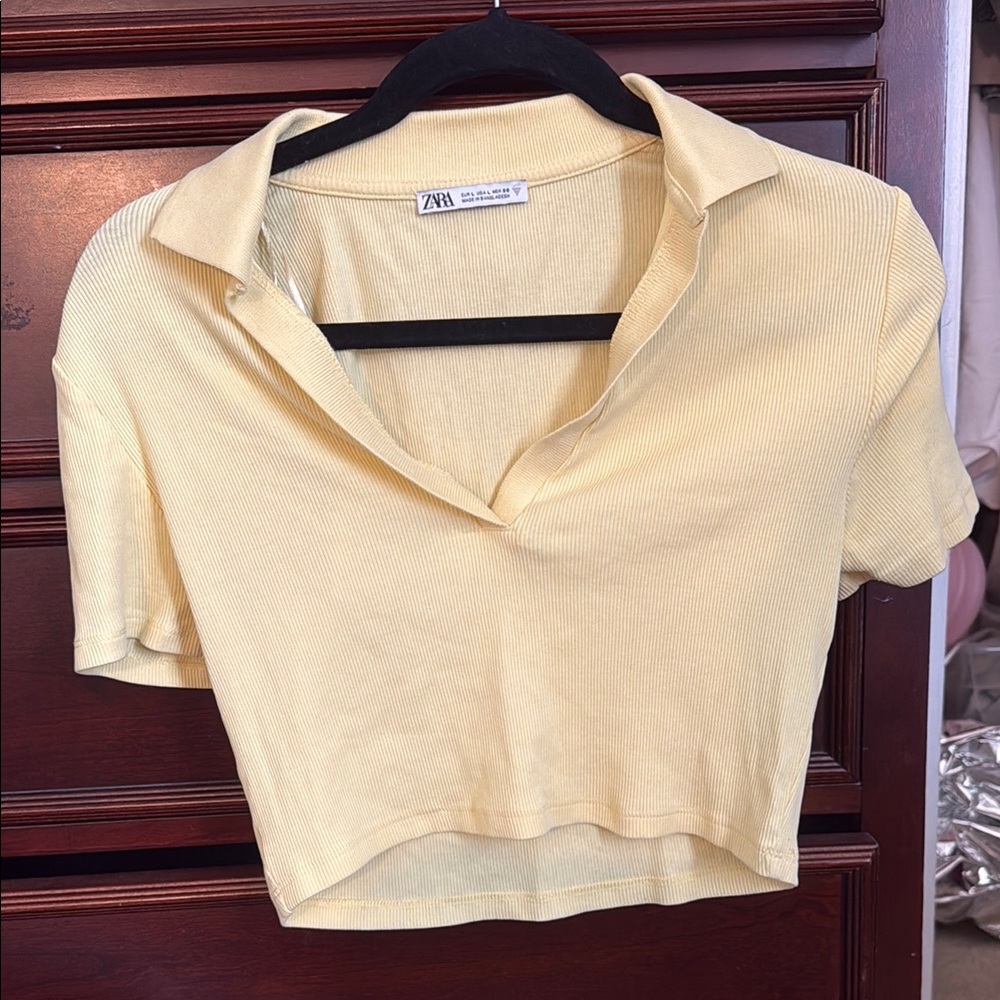 Zara Yellow Short Sleeve Polo Crop Shirt